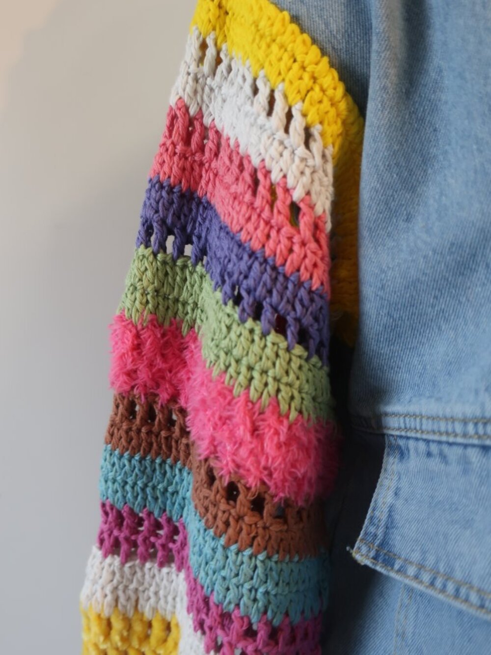 NWT Womens Regina Rainbow Crochet Sleeve (Item- 10) Denim Jacket S - Picture 3 of 7